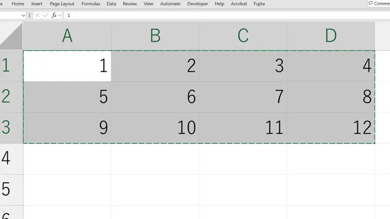 Excel source: a three-row, four-column range containing the numbers 1 to 12.