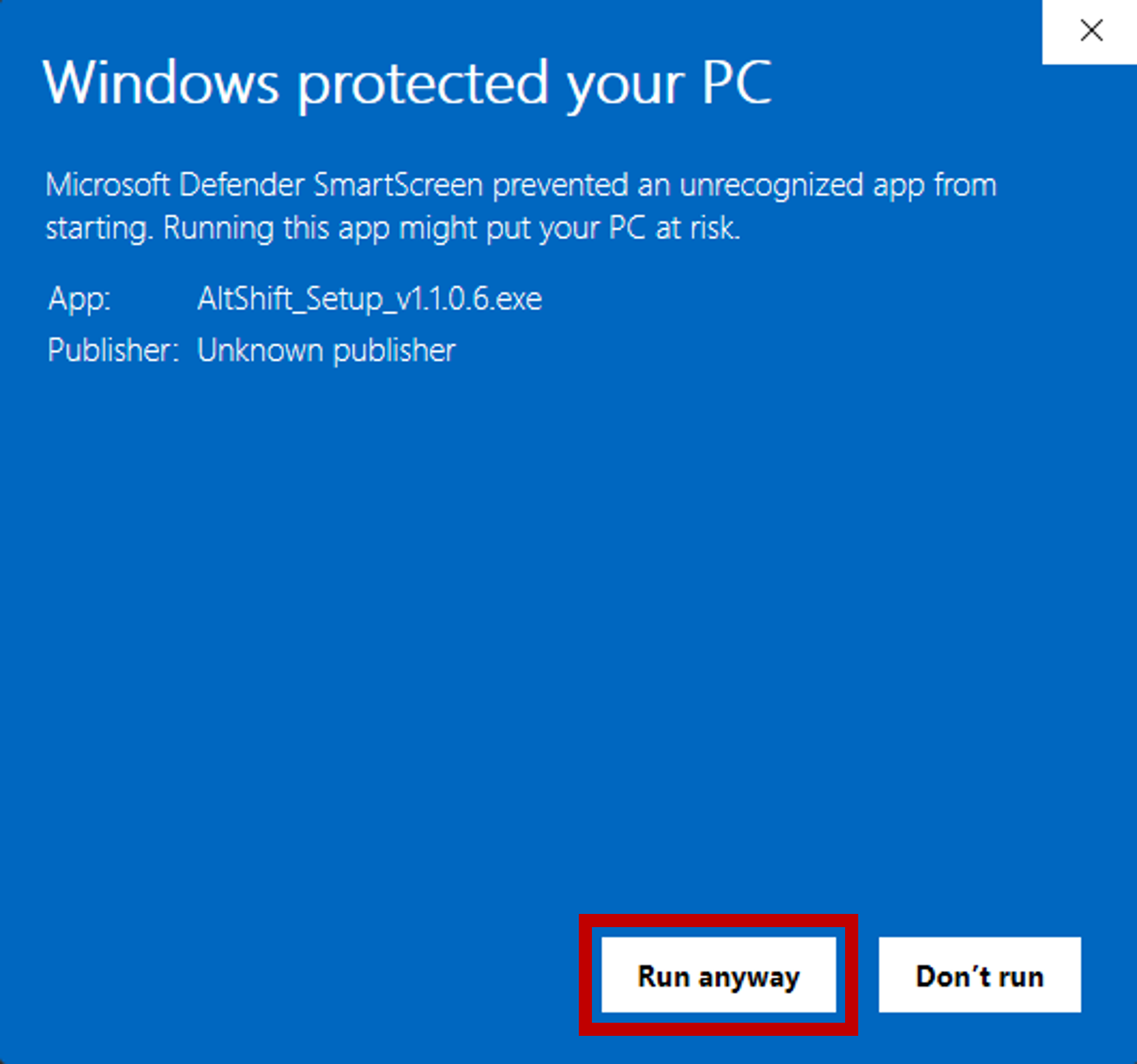 SmartScreen warning - click Run anyway